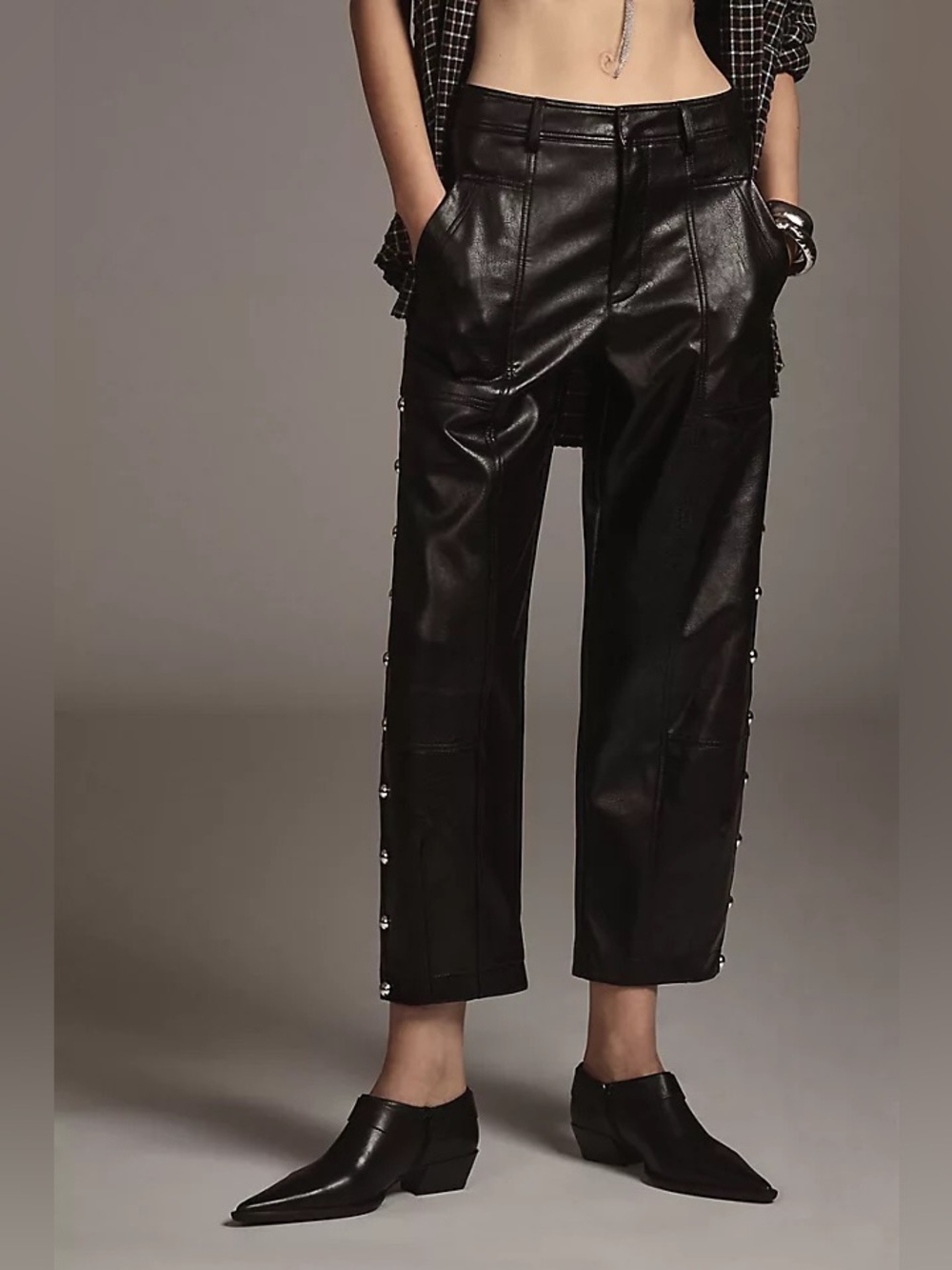 NWT Anthropologie Vegan Leather Utility Barrel Pants - Side Studded Black